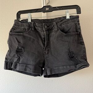 Kancan Women’s Black Distressed Rolled-Hem Denim Shorts